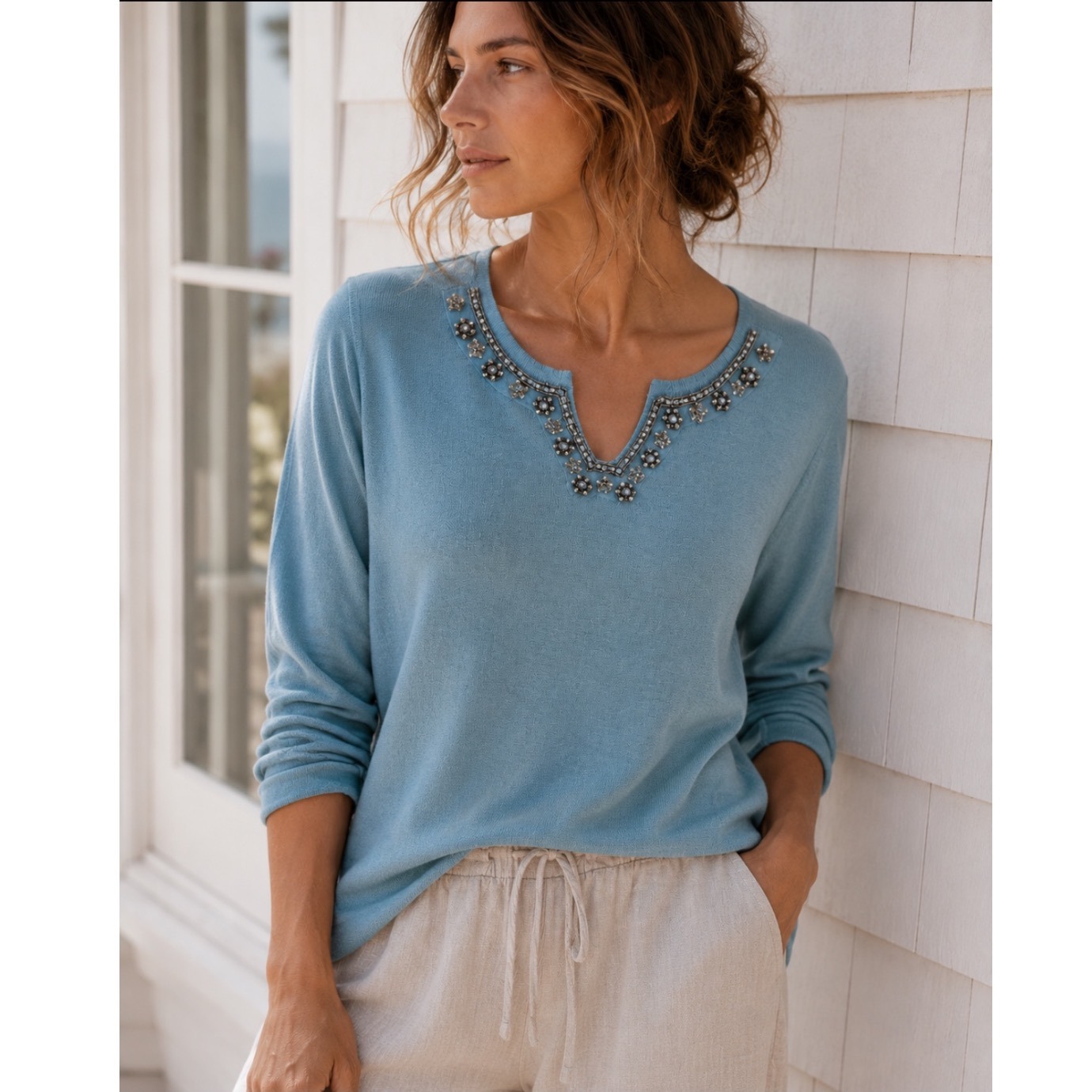 New Soft Surroundings Bijou Jeweled Tunic Sweater Women Large Cashmere